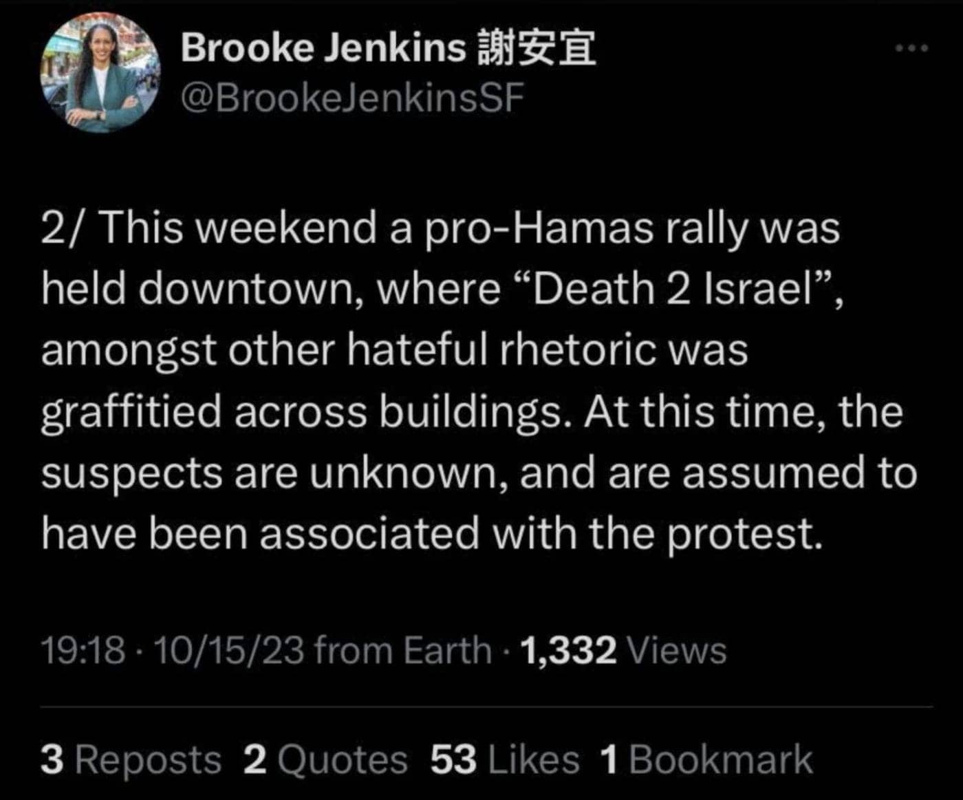 Brooke-Jenkinsa-tweet-on-the-San-Franciscoas-peace-rally-for-Palestine--1400x1163, ‘DA Jenkins is enabling hate in our backyard’, Featured News & Views 